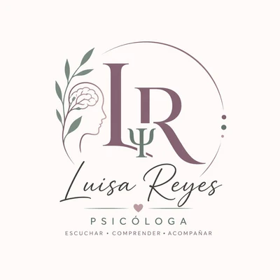 Logotipo de Luisa M. Reyes P.: monograma LR con una rama y un perfil, y la frase Escuchar, Comprender, Acompañar